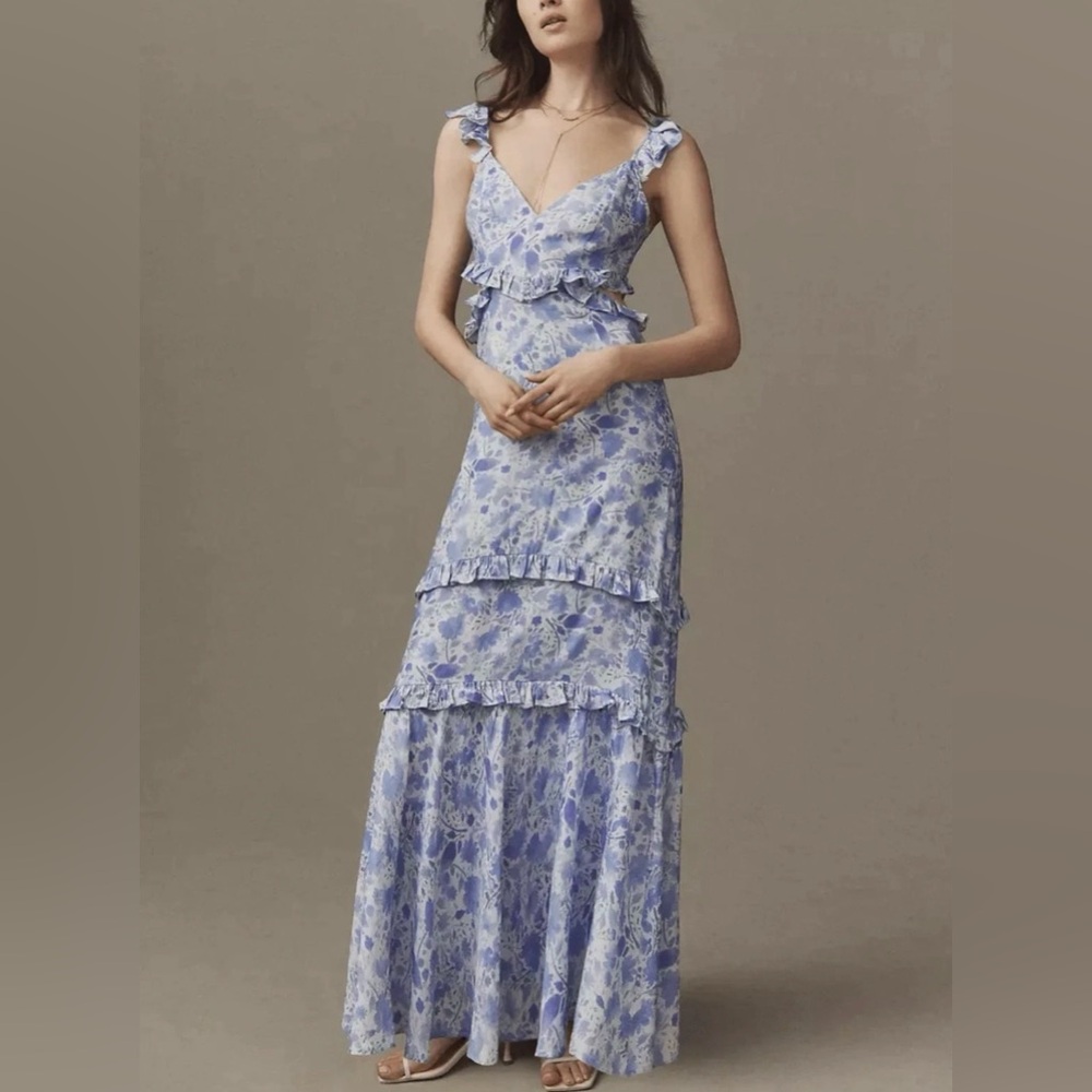 ASTR THE LABEL Anthropologie Cassis Floral Ruffle Cut Out Maxi Dress XS NWOT - Picture 4 of 10
